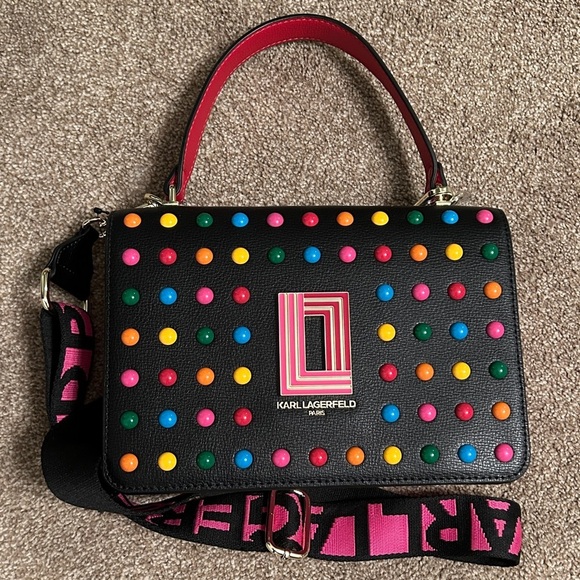 Karl Lagerfeld Black/Pink/Red Dot Simone Front Flap Crossbody Bag, NWT - Picture 3 of 7